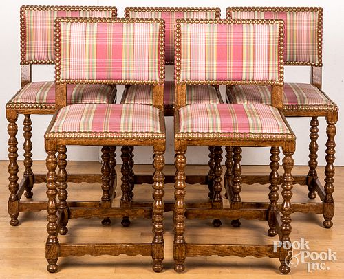 Set of five English oak back stools, 20th c.