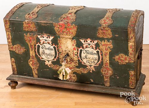Scandinavian painted dome lid chest on base