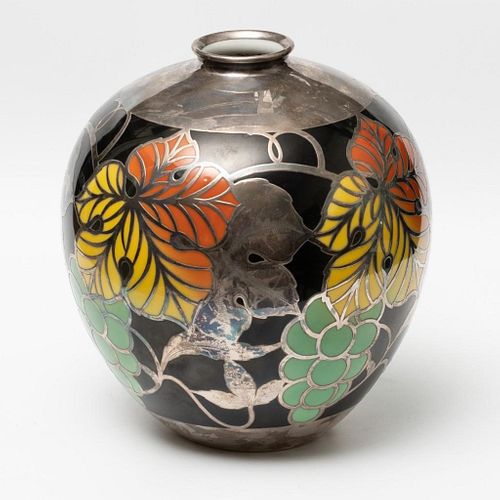 Furstenberg Signed Silver Overlay Porcelain Art Nouveau Vase