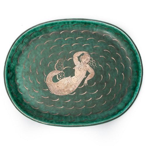 Gustavsberg kage signed argenta plate with silver inlay of a mermaid and water circa 1935.