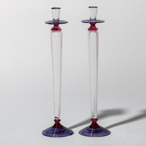 Mid Century Fine Blown Glass Tall Signed Candle Sticks