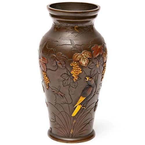 Meiji Multi Metal Bronze Vase inlaid with silver and other metals,  overall good condition