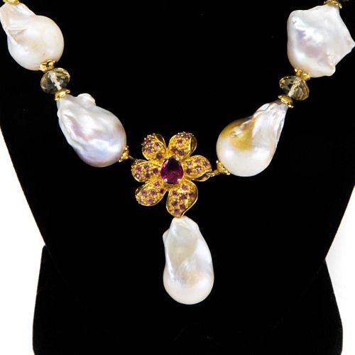 Necklace, GIA Sterling silver, freshwater pearls ruby and citrine necklace