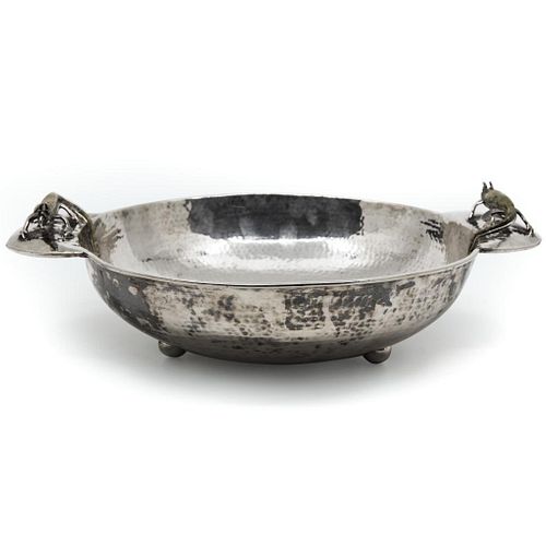 Wolmar Castillo Circa 1960's Hand Hammered Taxco Silver Plated Copper Bowl With Iguana Handles