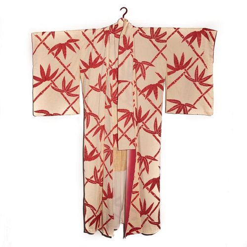 A vintage handwoven silk damask kimono, hand decorated