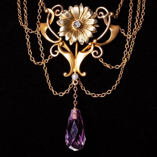 Necklace, Art Nouveau 14K Amethyst and freshwater Pearl Necklace, Circa 1900