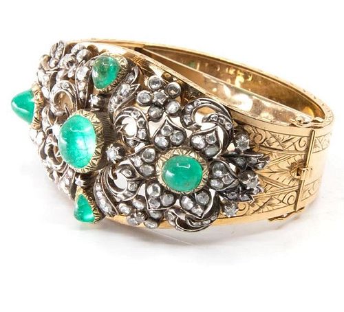 Bracelet, GIA 19th c. bracelet with diamond, Columbian emerald and 22 carat white and yellow gold