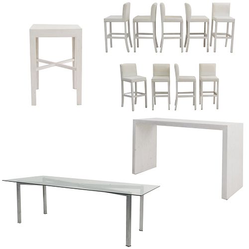 Set de muebles para bar. SXXI. Elaborado en madera y aluminio Consta de 9 Sillas altas. Con respaldos cerrados y 3 mesas.