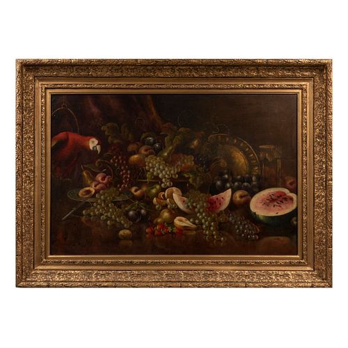 ANÓNIMO. Bodegón con guacamaya. Óleo sobre tabla.  67 x 102 cm. Ligeros detalles de conservación en marco.