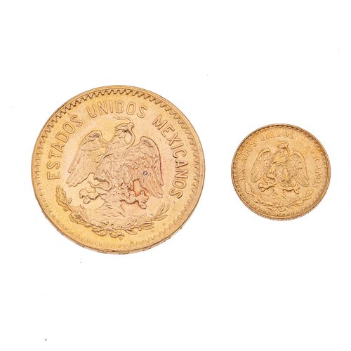 Dos monedas de 2 y 10 pesos en oro amarillo de 21k. Peso: 10.0 g