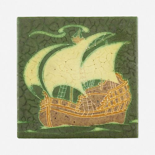 Grueby Faience Company, Tile with schooner