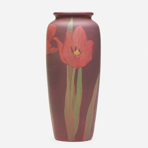 Olga Geneva Reed for Rookwood Pottery, Painted Mat vase with tulips