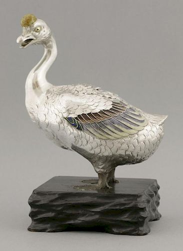 A fine enamelled silver Goose Koro,<BR>c.1900, the bird naturalistically modelled with chased feathe