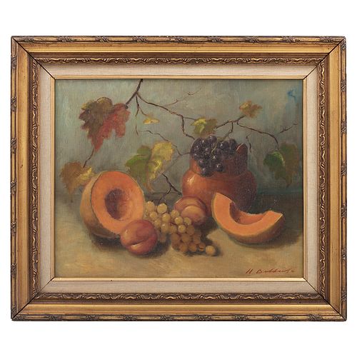 FIRMADO H. BELLATI. Bodegón con melón. Óleo sobre tela. Enmarcado. 40 x 50 cm