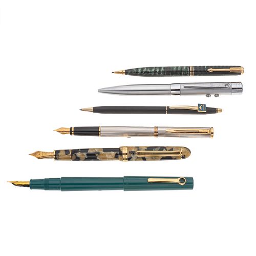 Tres plumas fuentes dos bolígrafos y lapicero en metal y resina de las firmas Platinum, Omas, Parker Cross y Waterman. Clip en acero