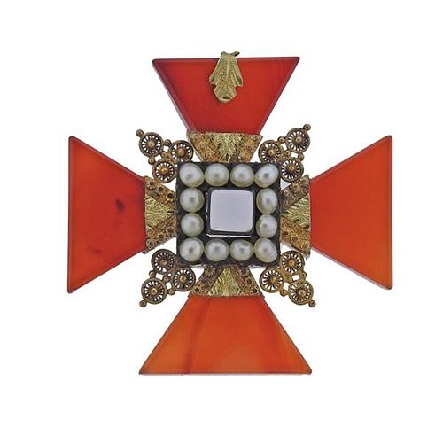 Antique 14k Gold Pearl Carnelian Cross Pendant