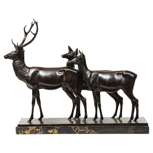Heinrich Karl Scholz a Fine Patinated Bronze Group of Deer