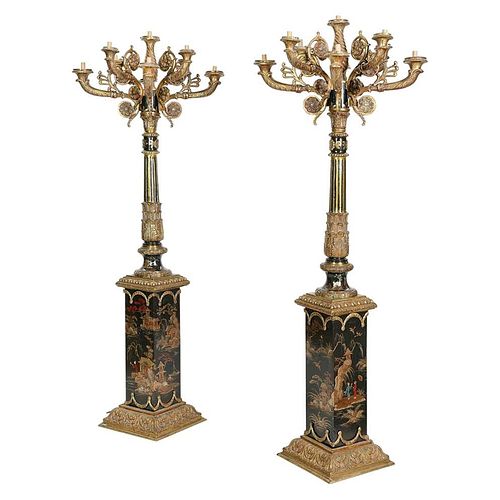 Monumental Pair of French Gilt Bronze and Chinoiserie Painted Torcheres