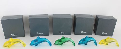 (5) Daum France Colored Dolphins in Original Boxes