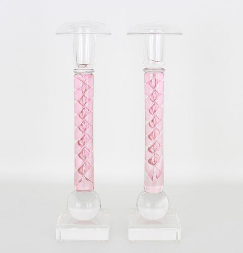 Pair of Pink Twisted Ribbon Glass Candlesticks