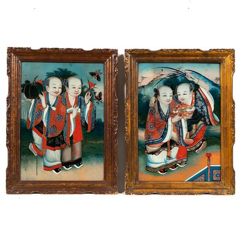 PAIR, CHINESE REVERSE PAINTING ON GLASS, FIGURES
