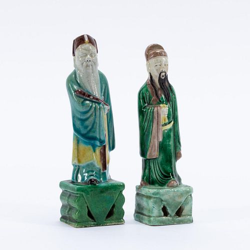 CHINESE, TWO STANDING IMMORTAL 3 GLAZE FIGURINES