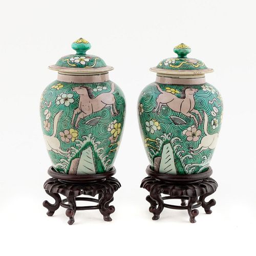 PAIR, SMALL CHINESE FAMILLE VERTE COVERED JARS