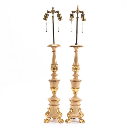 PAIR, ITALIAN PARCEL GILT TABLE LAMPS WITH SHADES