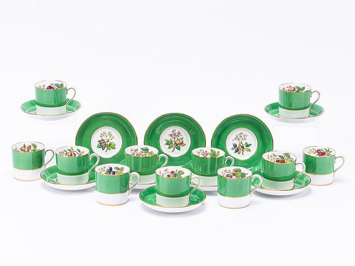 33 PCS, SPODE CUPS & SAUCERS WITH SILVER SPOONS