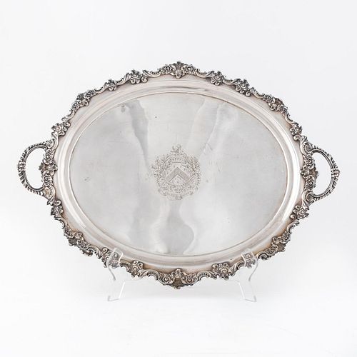 ENGLISH ARMORIAL SILVERPLATE FOOTED SERVING TRAY