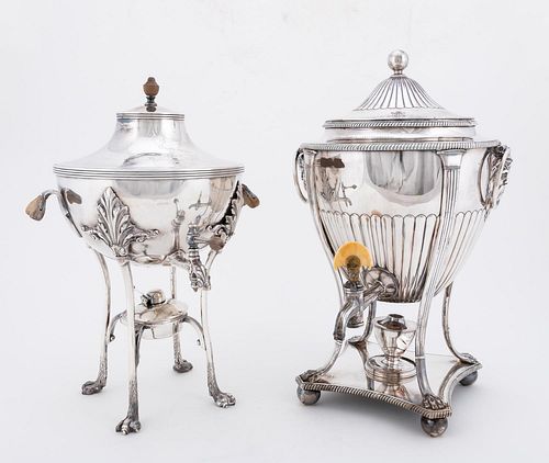TWO, 19TH C. ENGLISH SILVERPLATE HOT WATER URNS