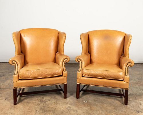 PAIR, GEORGIAN STYLE WIDE LEATHER WINGBACK CHAIRS