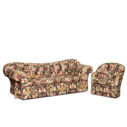 CHINOISERIE UPHOLSTERED TUFTED SOFA & CLUB CHAIR