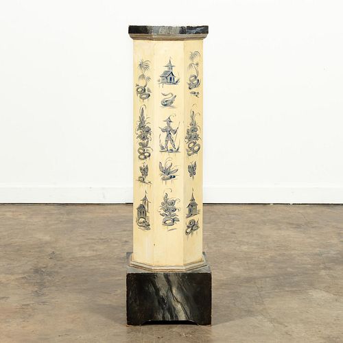 CHINOISERIE MOTIF FAUX PAINTED MARBLE PEDESTAL