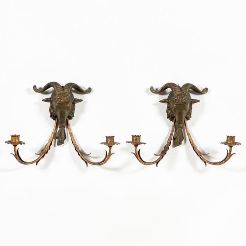 PAIR , RAMS' HEAD GILTWOOD AND METAL SCONCES