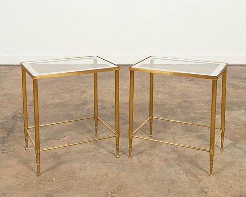 PAIR, BRASS AND MIRRORED GLASS SIDE TABLES