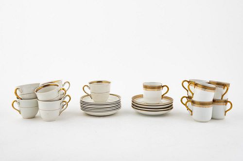 TWO WHITE AND GOLD DEMITASSE SETS, 26 PCS