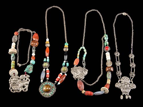20th C. Tibetan Nickel-Brass & Bead Necklaces (4)