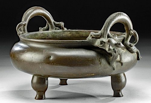 17th C. Chinese Qing Brass Censer Dragon Handles