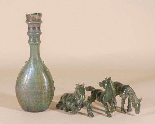 Roman Style Glass Bottle and Three Jade Horses