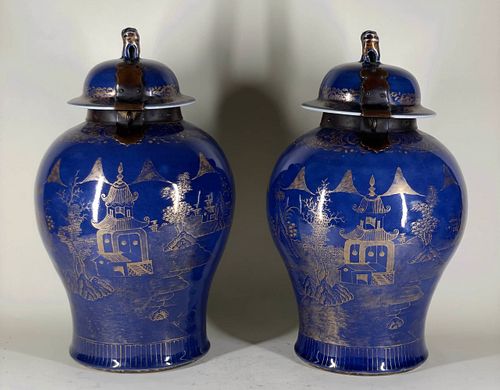 Large Pair of Gilt Decorated Cobalt Covered Jars