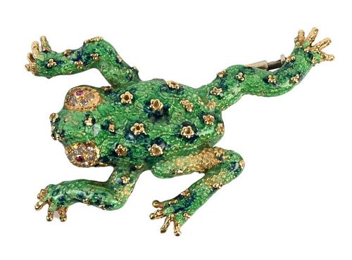 18 Karat Gold Frog Brooch, enameled green and red eyes, some chips in enameling, length 1 7/8 inches, 12.8 grams.