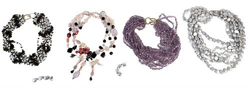 Group of Four Necklaces, to include mother of pearl six string necklace with matching earrings having sterling clasp; Kenneth Jay Lane amethyst beaded