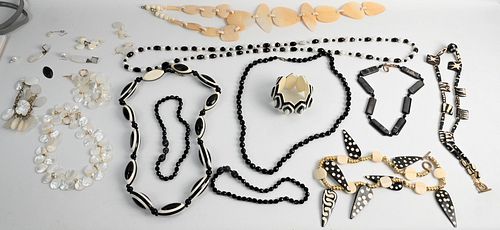 Group of Necklaces, Bracelets, and Earrings, to include 14 karat gold filled; mother of pearl bracelet and matching necklace; large mother of pearl ne