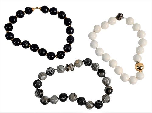 Three Large Beaded Necklaces, to include ringed agate having sterling clasp, large lapis lazuli, along with a white stone necklace, length 18 inches.