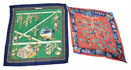 Two Hermes Silk Scarves, having fishing boat by artist P. Peroni, along with a red fluted Heraldic scarf, boat scarf has some slight staining, red sca