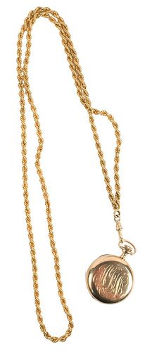Two Piece 14 Karat Gold Rope Pendant, Chain and Waltham Lapel Watch, 15 jewel watch, 30.9 grams total weight; chain length 32 inches, 30.5 grams.