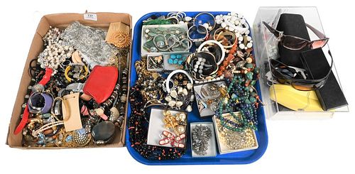 Three Tray Lots of Costume Jewelry, to include necklaces, agate and hardstone, glasses, watches, lapis and jadeite, beaded necklaces, etc.