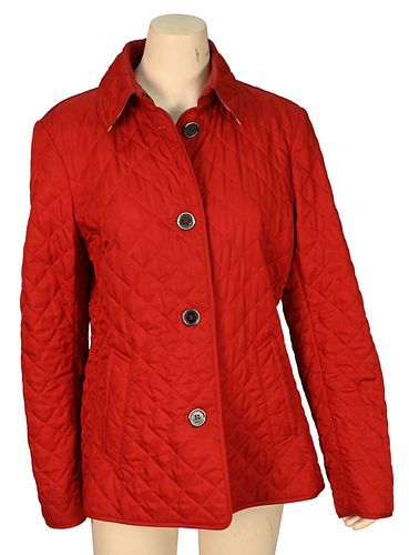 Burberry Red Diamond Quilted Short Jacket, having classic plaid lining, button front closure and front slip pockets, staining on collar and on side se
