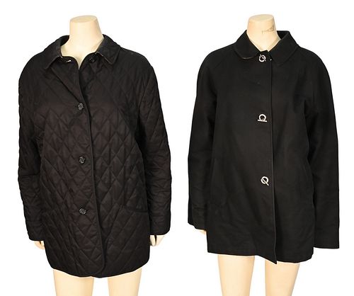 Two Burberry Coats, to include black quilted coat with classic plaid lining and black cotton coat with front toggle closure, both having make-up marks